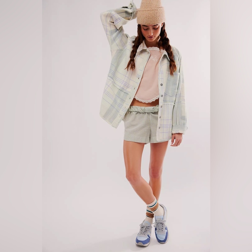 Free People Pastel Plaid Button-Up Shirt Jacket in Light Mint and Lavender